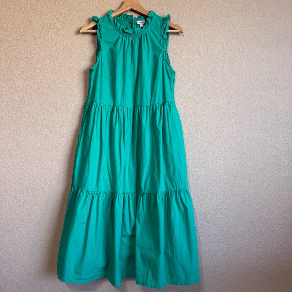 J.Crew Green Sleeveless Ruffles Tiered Poplin Midi A-Line Tank Dress Size 4